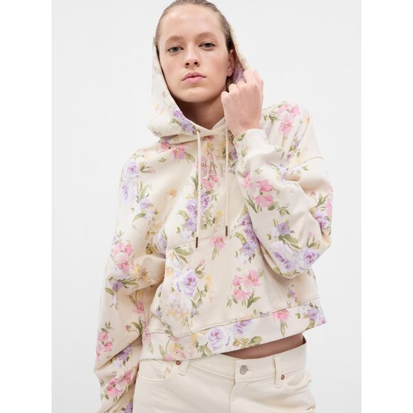 NWT Gap × LoveShackFancy Floral Cropped Logo Hoodie Ivory Floral Sweatshirt XS - Picture 6 of 7